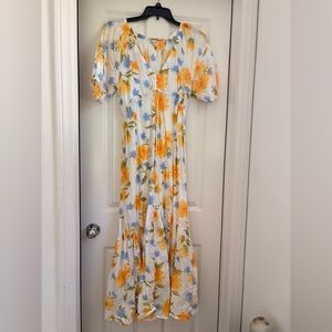 Billabong White Maxi Dress with Yellow & Blue Floral Pattern